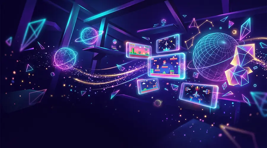 Holographic phone screens showing WONDERFULSHOP games floating in a neon studio space